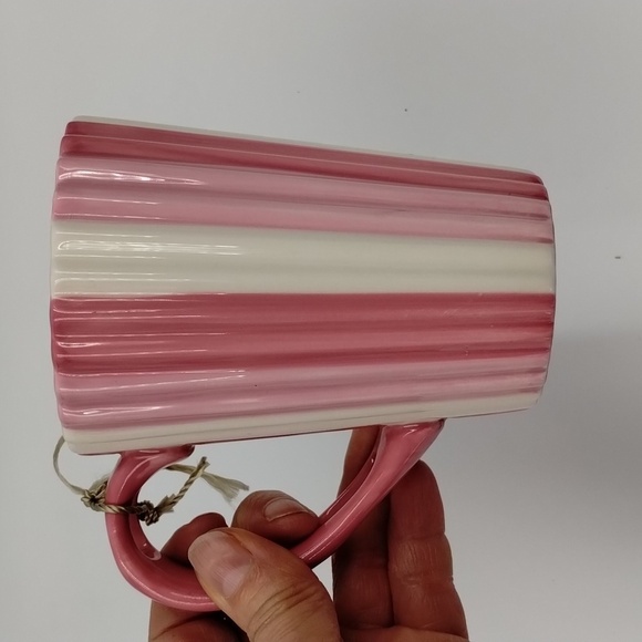 Happy Valentine's Day Hot Cocoa Mug Pink/white Striped Ribbed ceramic w/Spoon - Picture 3 of 6